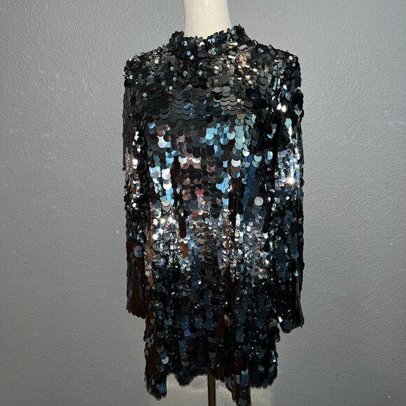 H & M Black & Silver Giant Sequin Long Sleeve High Neck Swing Dress EUC Small - Picture 1 of 16